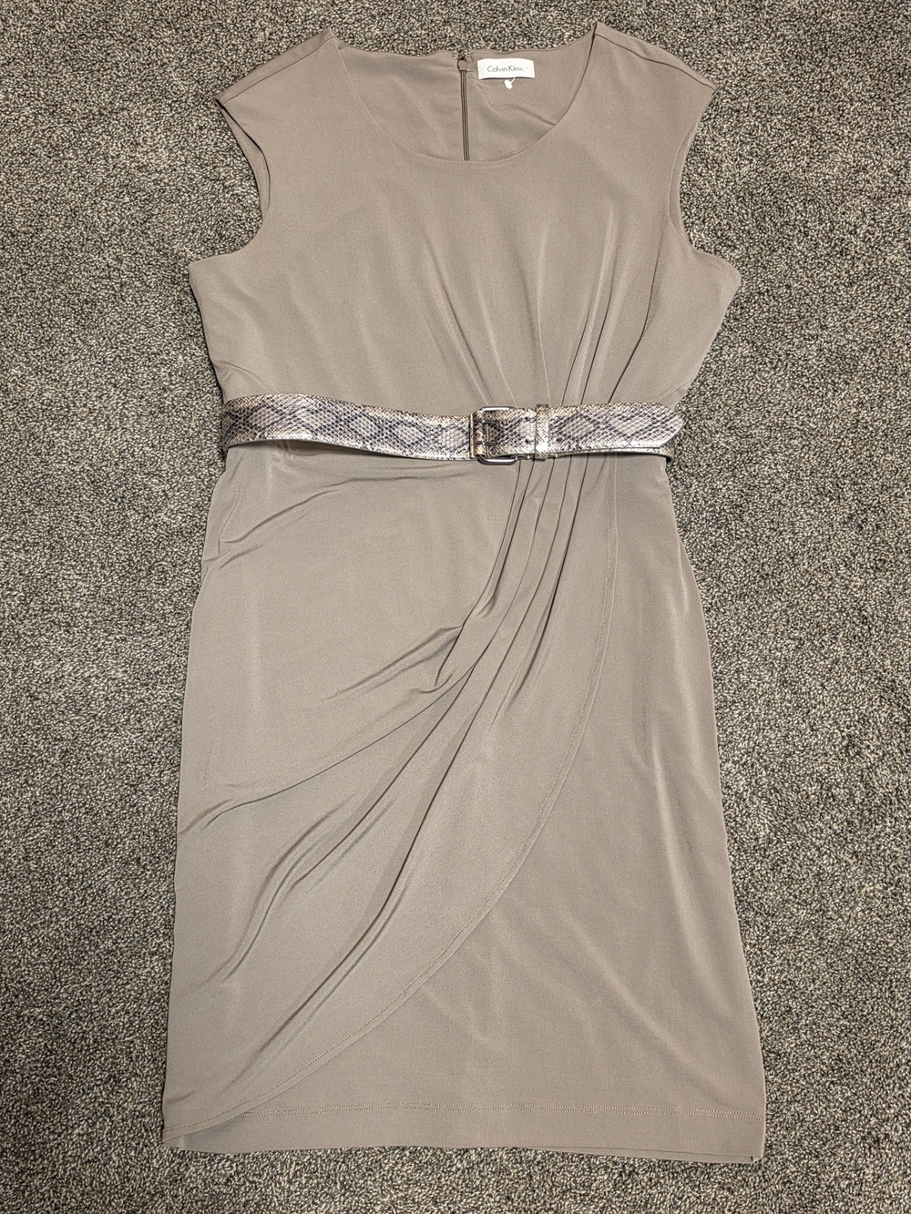 Calvin Klein Taupe Sheath Midi Dress with Snake-Print Belt